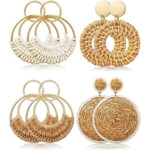 Rattan Raffia Drop Earrings Set Boho Hoop Dangle Lightweight Statement